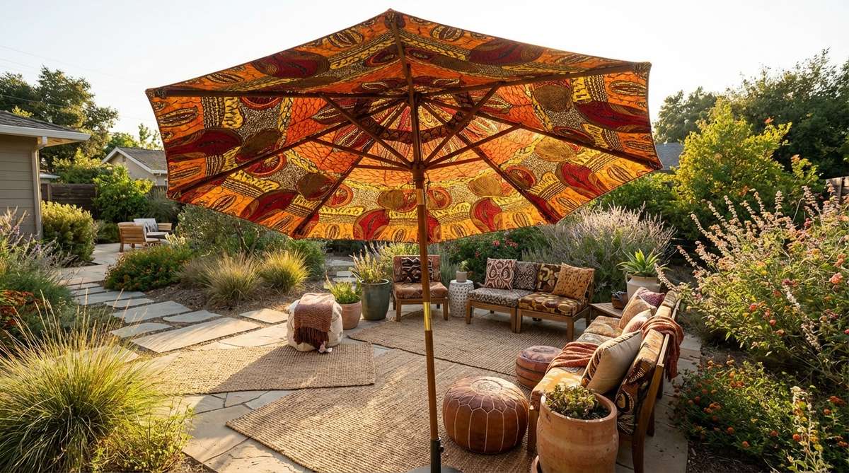 Vibrant Ankara print outdoor umbrella with bold African wax patterns in warm oranges, deep reds, mustard yellows, and browns, creating a colorful canopy for Afro-Bohemian decor.