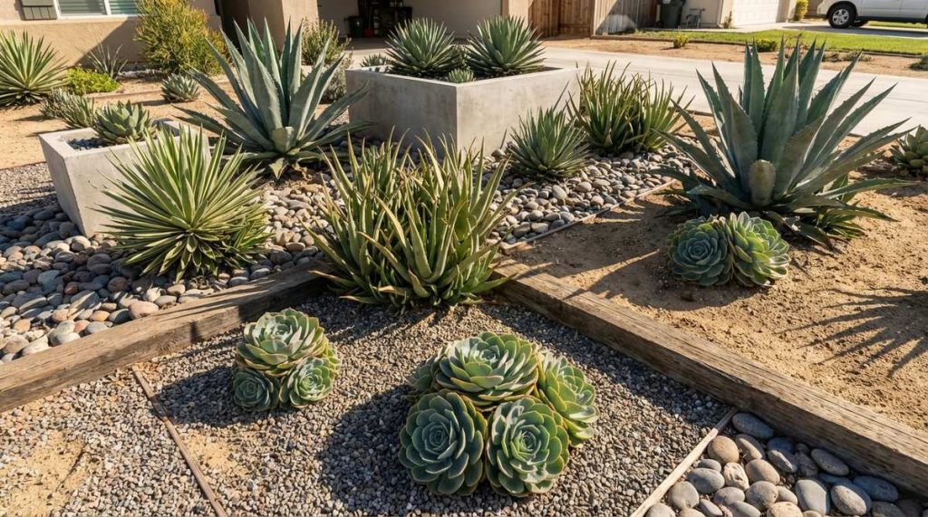 A sculptural garden arrangement featuring agave, aloe, and large echeveria succulents arranged in odd-numbered groupings with gravel mulch and decorative stone top-dressing, showcasing geometric forms and desert aesthetic with minimal water requirements.