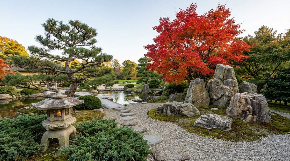 An illustration of asymmetric balance placement in a Japanese garden, showing a large rock grouping in the northeast corner counterbalanced by a smaller lantern in the southwest quadrant, with elements like a bright red maple and a subdued pine demonstrating visual weight through size, color intensity, and textural complexity.