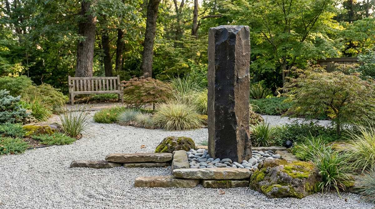 A vertical basalt column rising powerfully in a zen garden composition, anchored as the tallest element with low horizontal stones at its base creating a striking contrast between vertical and horizontal energies.