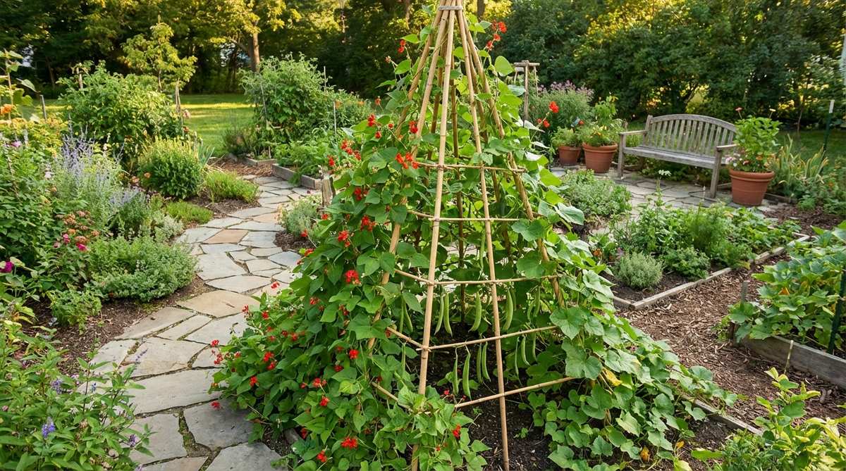 A conical bean teepee made from bamboo poles lashed at the top, supporting climbing beans or cucumbers in a cottage garden. This vertical garden feature conserves ground space while adding sculptural interest, with scarlet runner beans providing bright flowers that attract hummingbirds before producing edible pods.