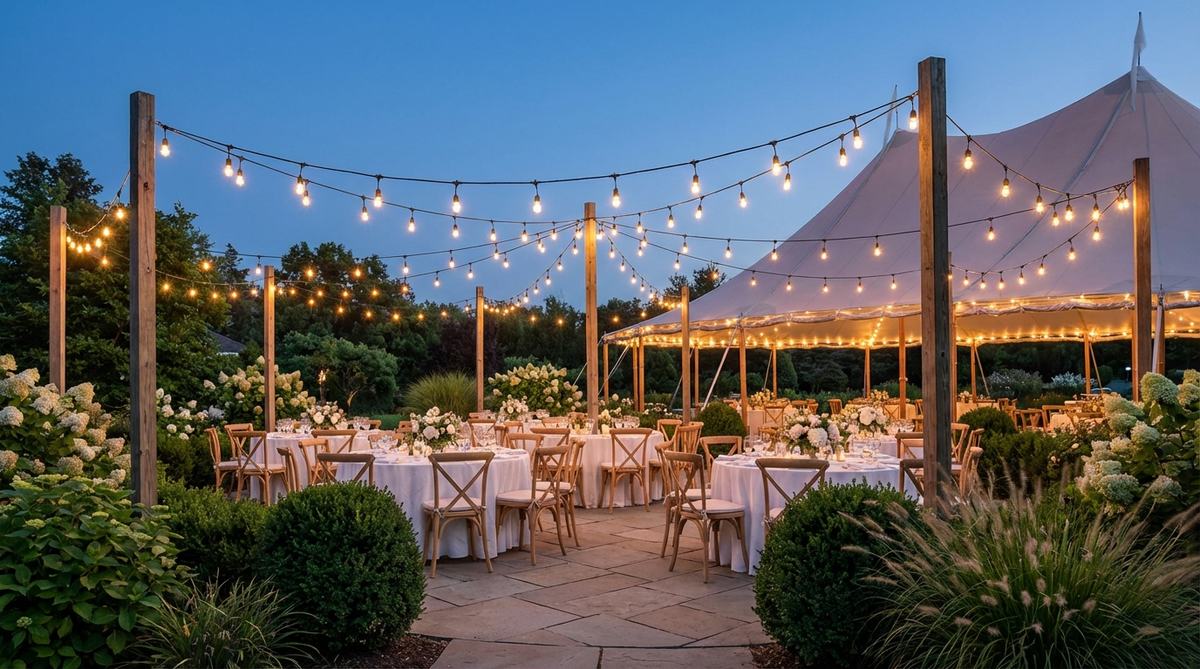 Edison-style bistro bulbs suspended overhead create warm ambient lighting for a wedding reception, with cables strung between poles or tent structures at 10-12 foot heights. This outdoor decor provides ideal illumination for dining and photography while complementing skin tones.