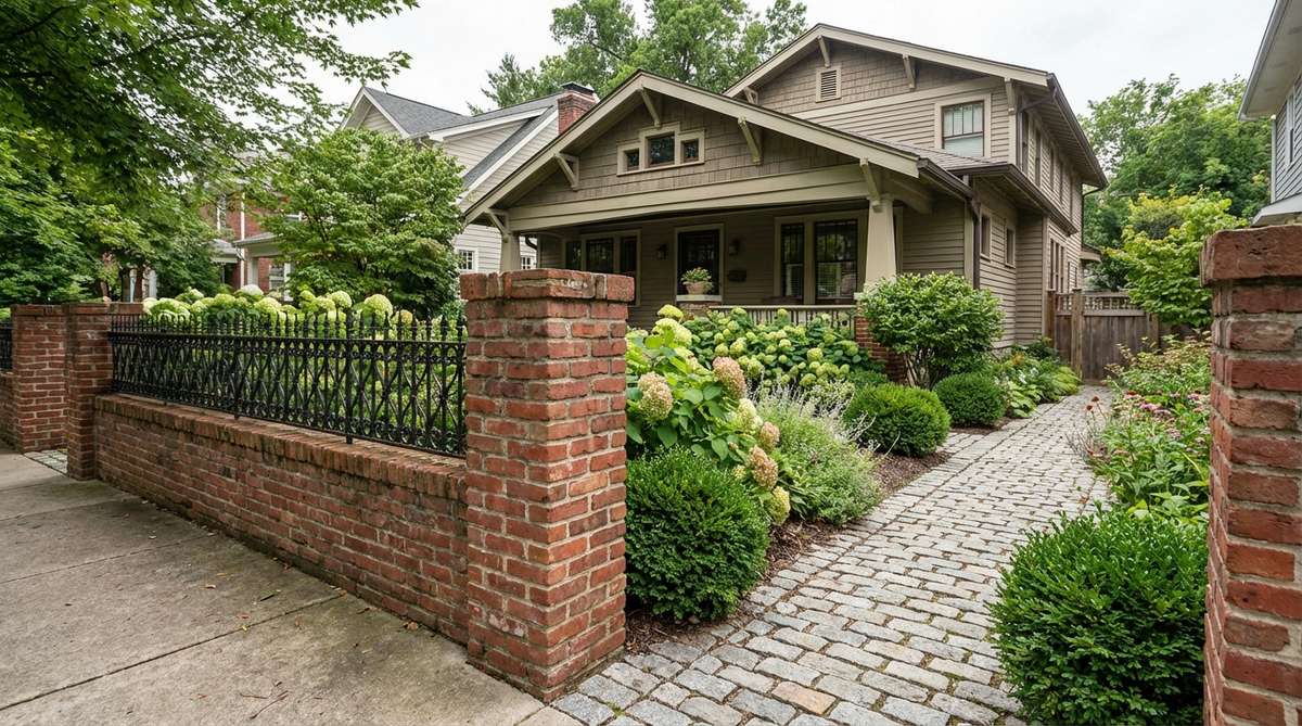 A classic brick and wrought iron fence, featuring a low brick wall topped with decorative ironwork, ideal for small gardens with period architecture. This traditional design provides security and privacy at ground level while maintaining visual connection above, suitable for front gardens where property definition is important. The durable materials ensure long-lasting performance with minimal maintenance, and iron elements can be painted in colors like black or dark green to complement brick tones.