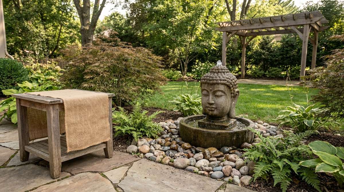 A small Buddha head sculpture fountain with water flowing from the crown down the face into a basin, ideal for meditation gardens, mindfulness corners, or compact spaces like window sills and side tables.