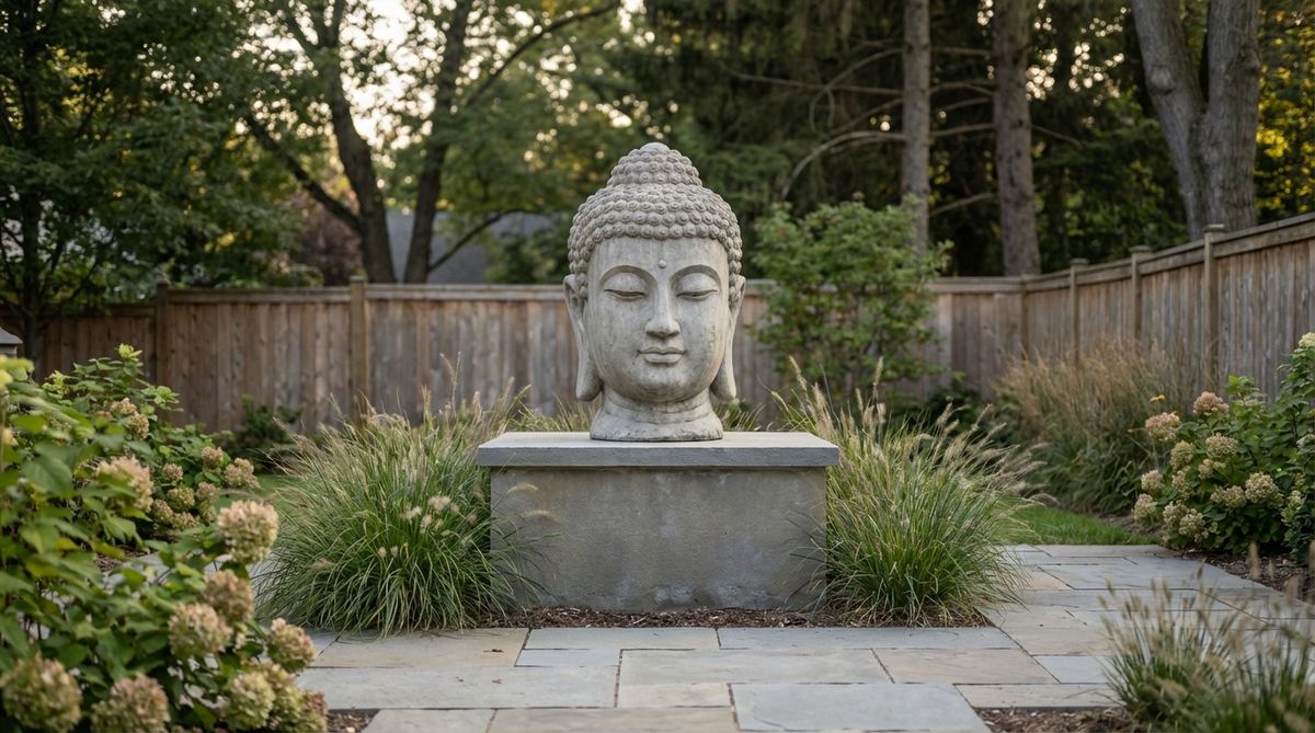 A serene Buddha head statue on a pedestal, ideal for contemporary garden decor, featuring minimalist design and weather-resistant concrete construction, perfect for placement in terraces or courtyards.