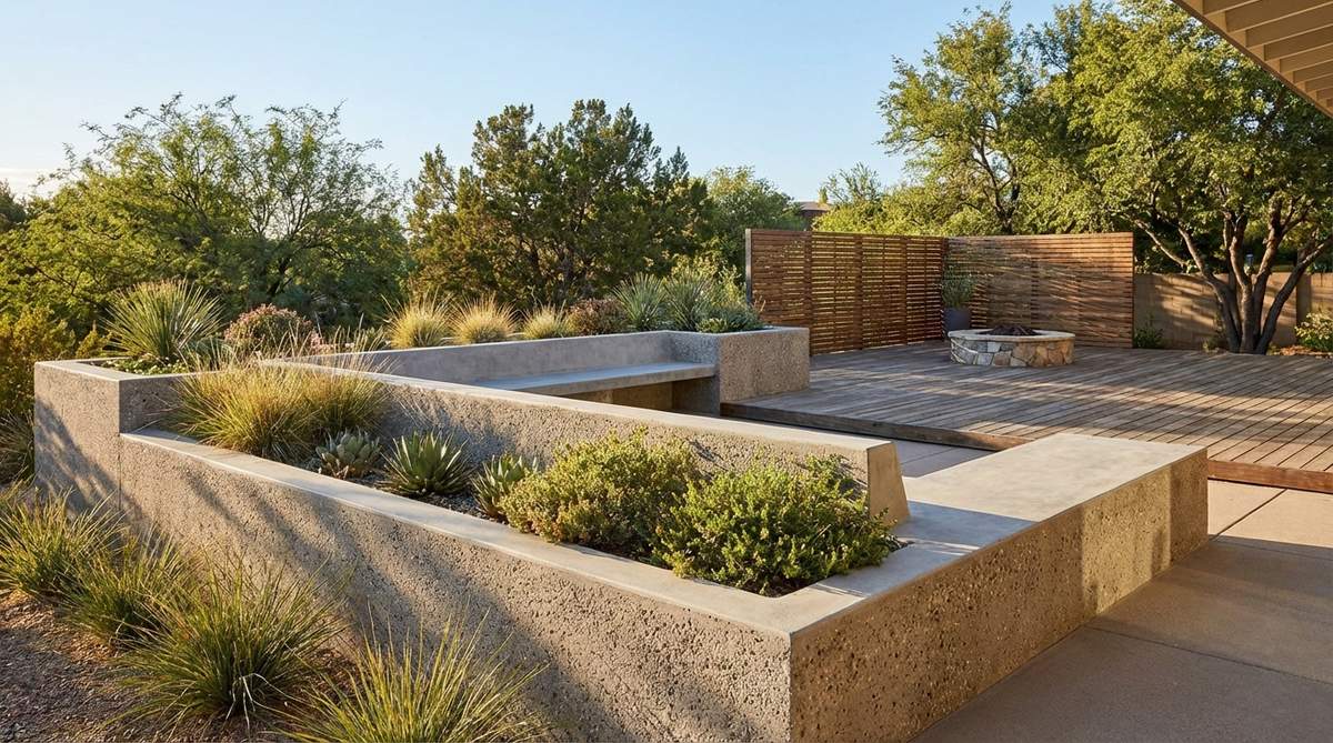 A mid-century modern garden featuring built-in concrete seating, showcasing poured benches integrated with retaining walls or planters for permanent, clutter-free seating. The design includes smooth troweled surfaces or exposed aggregate textures, with L-shaped configurations that define outdoor rooms and maximize seating capacity, set at heights of 18 inches to accommodate cushions or function as bare ledges.