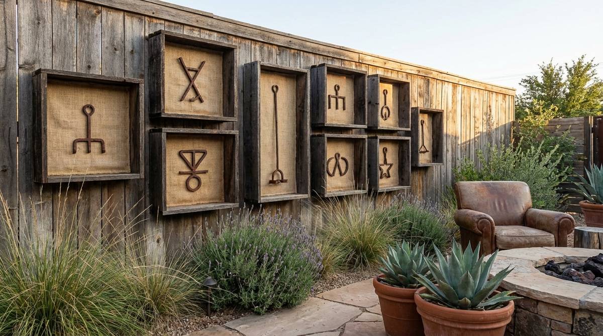 Antique cattle branding irons mounted in shadow boxes as minimalist wall art, arranged in grid formations or asymmetric clusters against linen or burlap backgrounds. This western boho decor piece preserves ranching heritage with geometric symbols that function as abstract art, creating textural contrast in home decor.