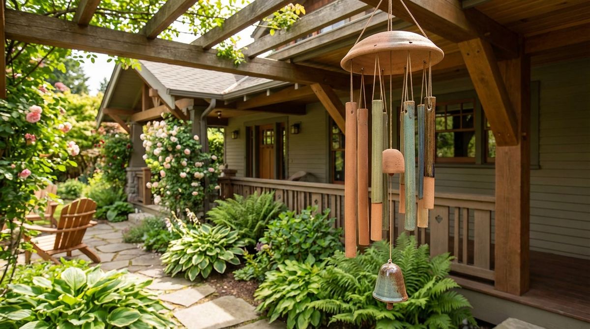 Hand-formed ceramic wind chimes with clay tubes or bells that produce gentle tones, glazed in earth tones or bright patterns. Ideal for hanging in covered porches or beneath arbors where wind movement is consistent but protected from driving rain to prevent glaze crazing.