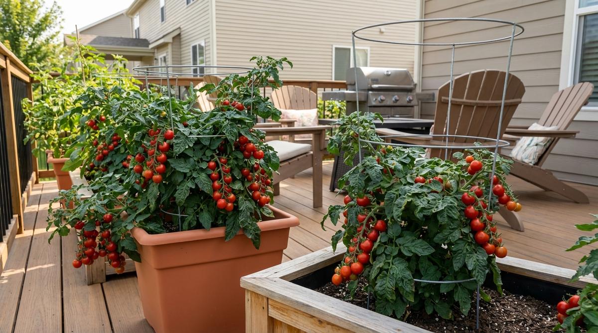 Compact cherry tomato plants growing in containers with support cages on a balcony, featuring cascading ripe tomatoes and lush green foliage.