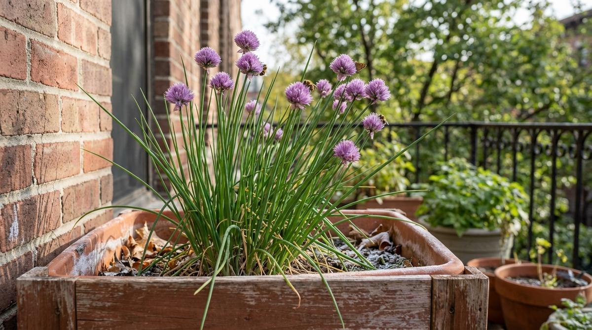 A close-up photo of grass-like chives growing in a balcony container, showing their slender green leaves and distinctive purple pom-pom flowers that attract pollinators. The image illustrates how chives thrive in urban balcony settings with partial shade and survive winter in containers.