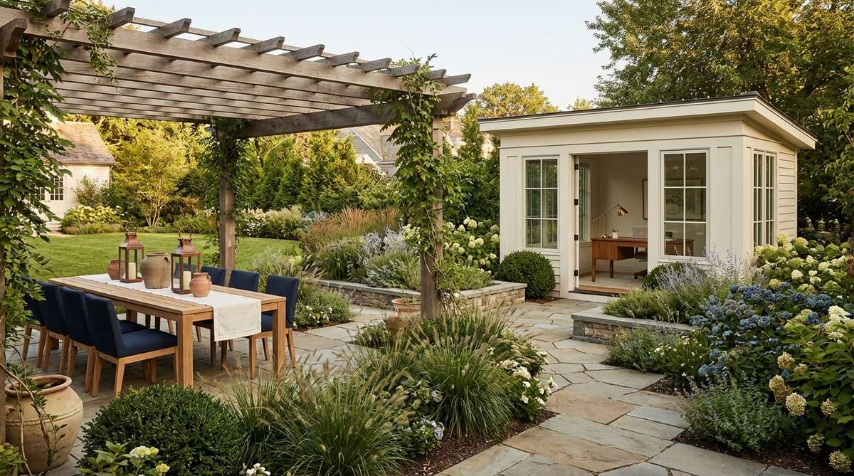 A sophisticated earthy decor palette featuring muted clay, deep navy, and cream white, ideal for dining rooms and home offices with brass or copper accents.