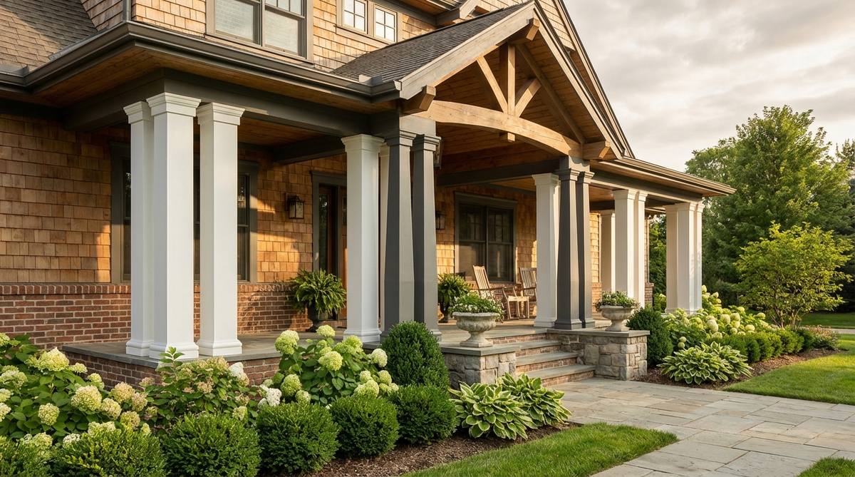 A decorative image showing PVC or wood column wraps and upgrades on a porch, illustrating how to enhance support posts with square or tapered designs, decorative capitals, and bases to complement Craftsman or Colonial home styles, with painted columns for visual contrast.