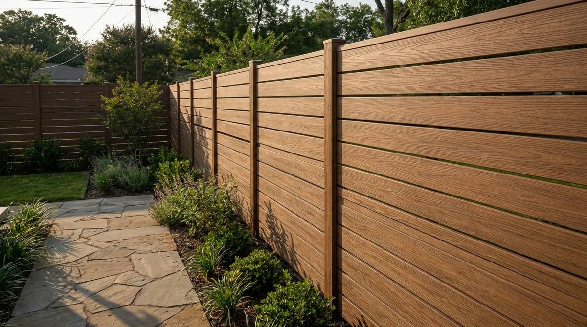A modern garden fence constructed from composite recycled plastic lumber, showcasing the material's wood-like grain texture and durable construction. This eco-friendly fencing option contains 50-95% recycled plastic and wood fiber, offering exceptional resistance to rot, insects, and moisture while eliminating the need for staining, sealing, or frequent maintenance.