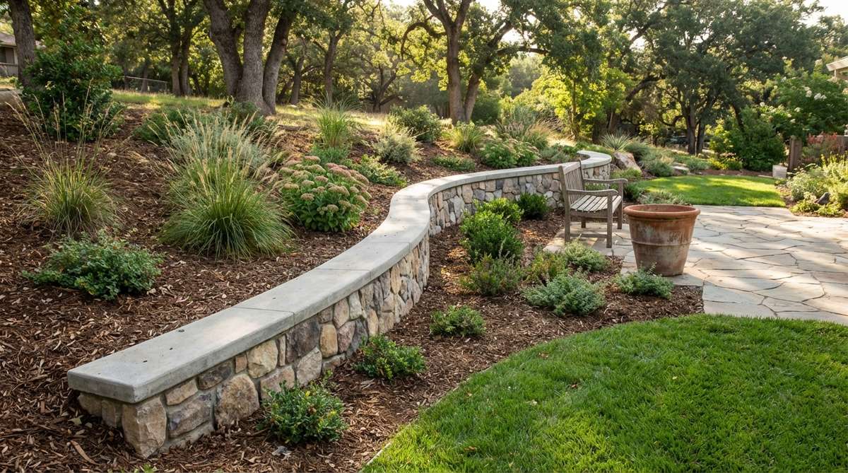 A durable concrete curb with stone facing, ideal for slopes and high-traffic areas in gardens, providing structural stability and natural aesthetics.