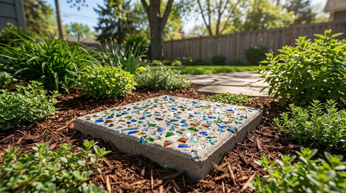 A decorative concrete stepping stone embedded with colorful recycled glass aggregate, showcasing a sparkling effect in garden light. The smooth glass pieces provide slip-resistant texture and eco-friendly design, ideal for coordinating with garden palettes or architectural elements.