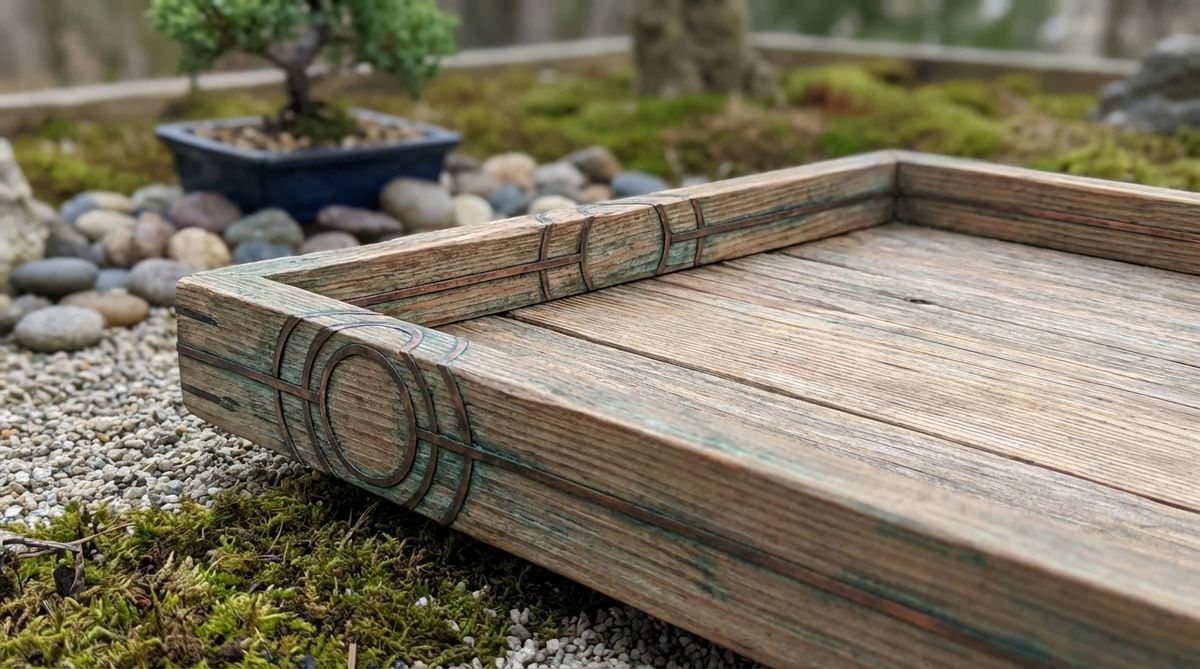 A close-up view of a wooden tray featuring thin copper strips inlaid to create intricate geometric patterns along its edges. The copper has developed a natural verde patina over time, adding character and depth to the design. The patterns reference traditional Japanese family crests or nature motifs, showcasing specialized craftsmanship that enhances the tray's artistic value in a zen garden miniature context.