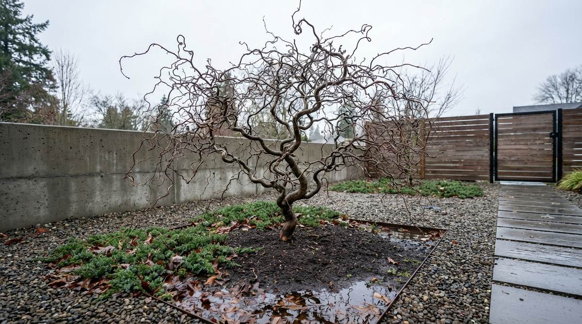 A small garden tree featuring dramatic, spiraling contorted branches that provide sculptural winter interest after leaves drop. This fast-growing tree reaches 10–15 feet and thrives in moist, poorly drained soil, ideal for minimalist or contemporary garden settings.