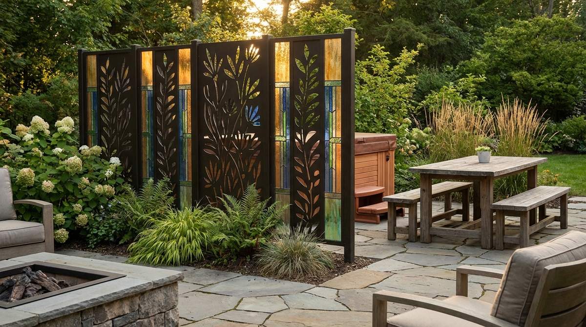 A freestanding decorative fence section positioned at a patio corner, featuring laser-cut metal or stained glass inserts to create targeted privacy for outdoor living areas like hot tubs or dining spaces.