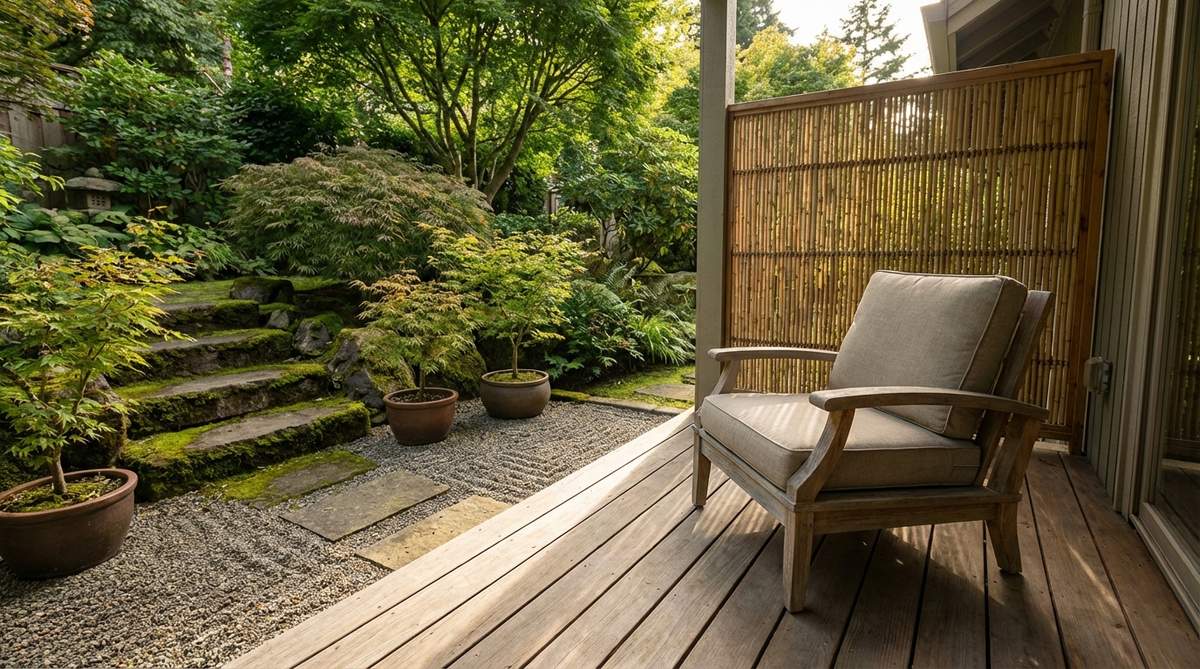 A serene corner of a Japanese balcony garden designed for contemplation, featuring a seating area partially screened with bamboo and oriented toward the most developed garden section for a meditative experience.