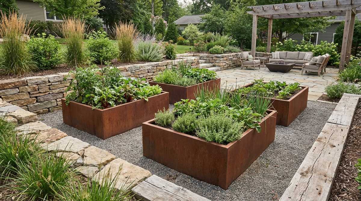 Modern corten steel raised garden beds with characteristic rust patina, showing geometric forms that complement natural wood and stone elements in rustic garden decor.