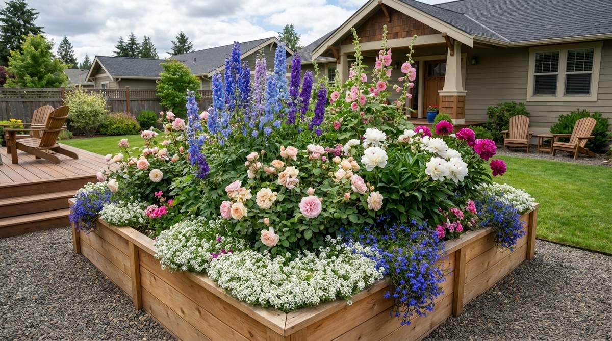 A lush raised bed overflowing with cottage garden flowers including delphiniums, hollyhocks, roses, peonies, alyssum and lobelia in romantic, intermingling combinations. The raised bed provides excellent drainage for these traditional perennials, creating a dense, forgiving garden display perfect for beginners.