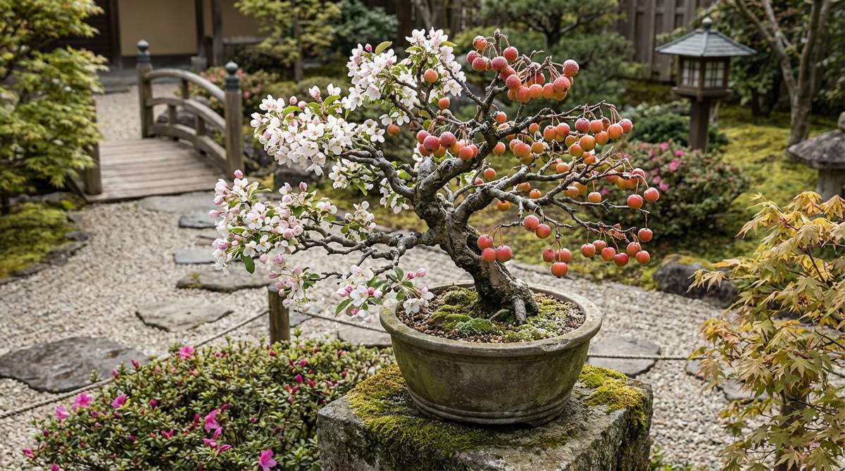 A crabapple bonsai tree (Malus species) in a Japanese garden setting, showcasing spring flowers that transition to autumn fruit displays persisting into early winter. The miniature apple varieties are scaled appropriately to bonsai proportions, with careful pruning to balance fruit production and plant health.