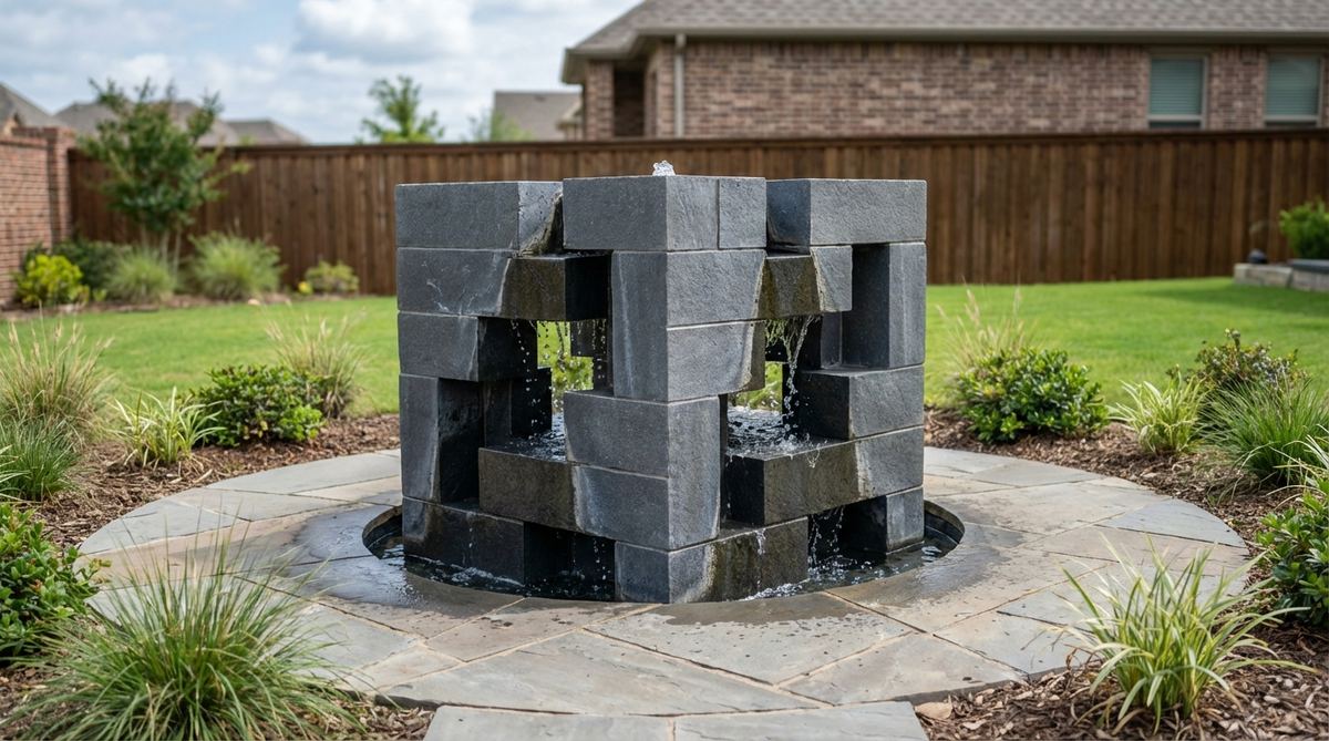 A modern stone garden fountain featuring identical stone cubes stacked in offset geometric patterns, with water flowing through gaps between the cubes. The machine-cut cubic forms create puzzle-like water paths that appear and disappear through the three-dimensional structure, offering a playful contrast between geometric predictability and organic water movement.