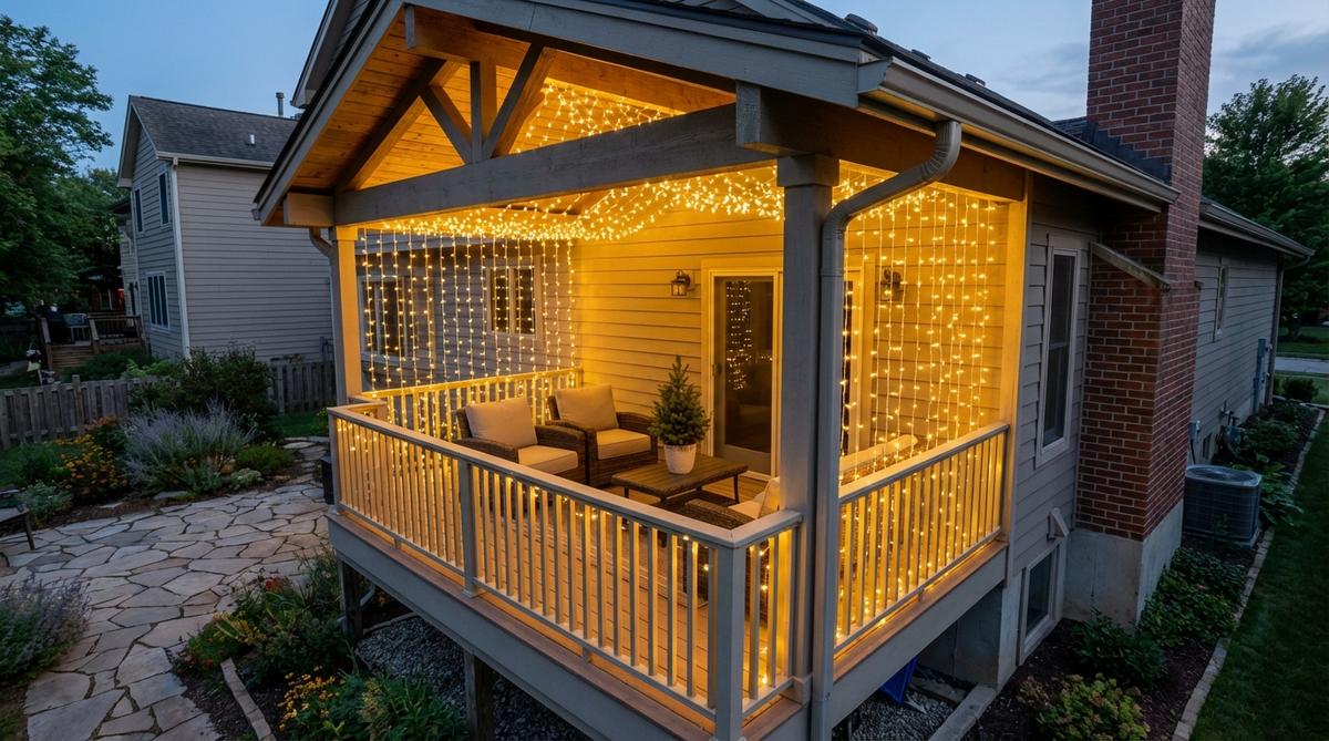 LED curtain lights creating a glowing canopy over a balcony, ideal for Christmas decor. This setup transforms covered balconies into enclosed light environments with warm or cool white options to match design themes.