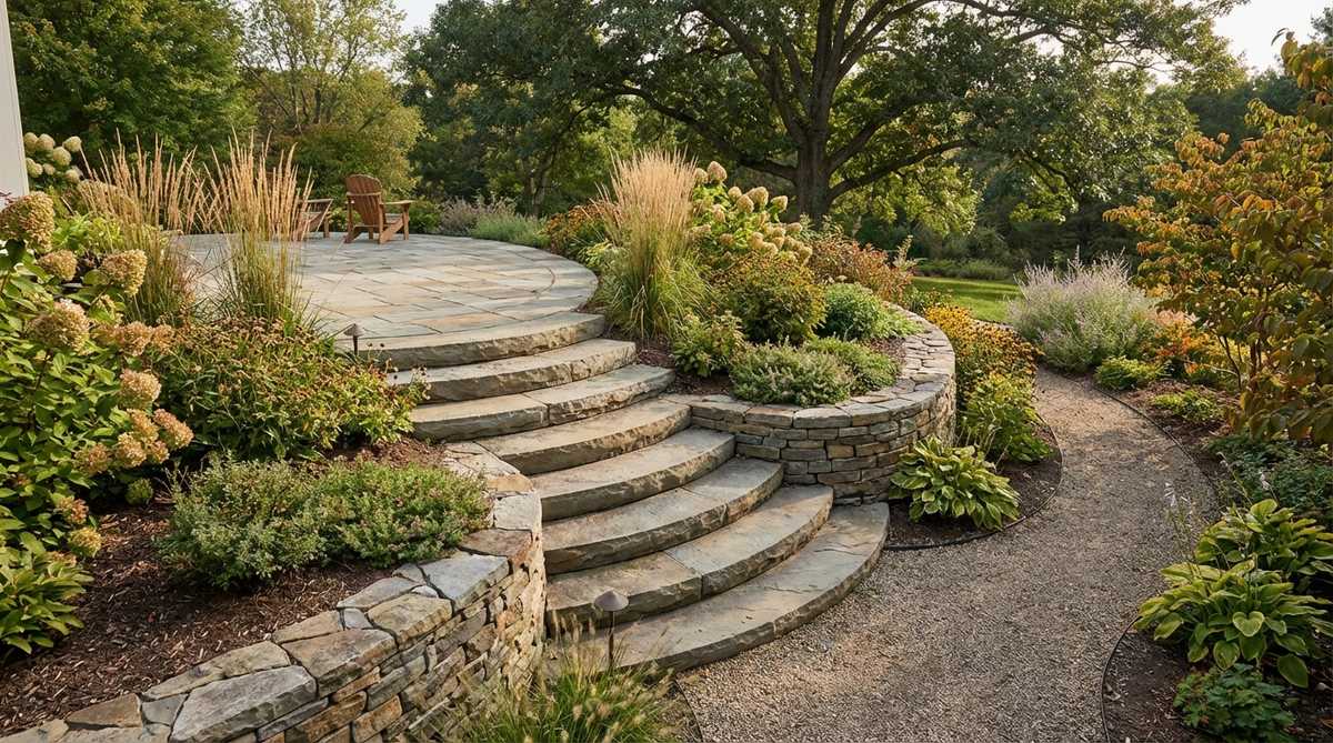 A close-up view of curved stone steps seamlessly integrated into a garden path, showcasing sophisticated transitions and smooth elevation changes on a slope adjacent to a curved patio, highlighting the visual flow and cohesive design in a high-visibility landscape.