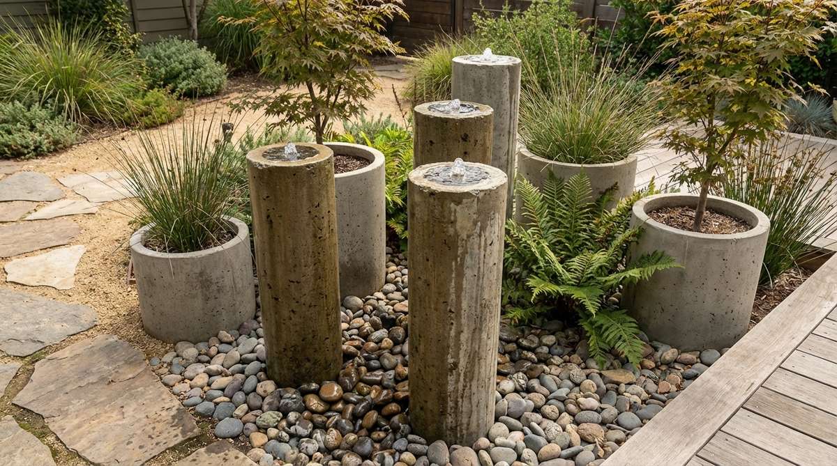 Cast concrete cylindrical bubbler columns with hollow cores allowing water to bubble up through top openings. These vertical water elements stand 30-40 inches tall with 10-inch diameters, creating minimal footprint water features that integrate with cylindrical planters in modern zen garden designs.
