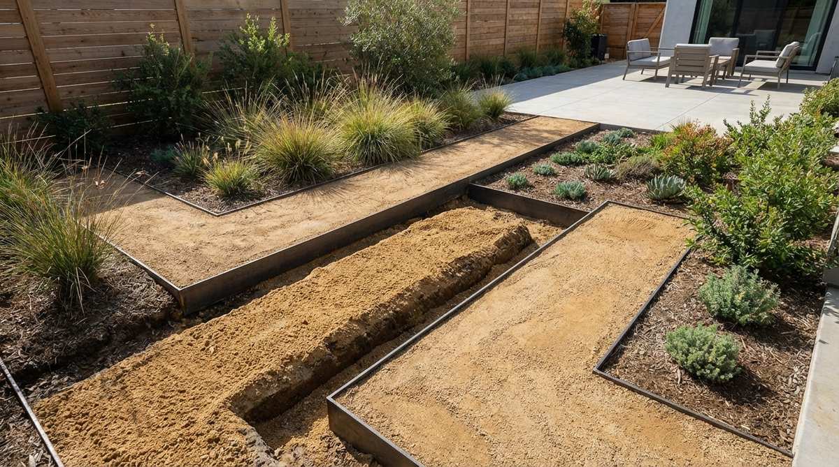 A contemporary garden bed with decomposed granite perimeter bands, showing excavated trenches filled with compacted granite material edged with metal trim. The neutral-toned granite creates stable walking surfaces that drain effectively while coordinating with modern garden designs.