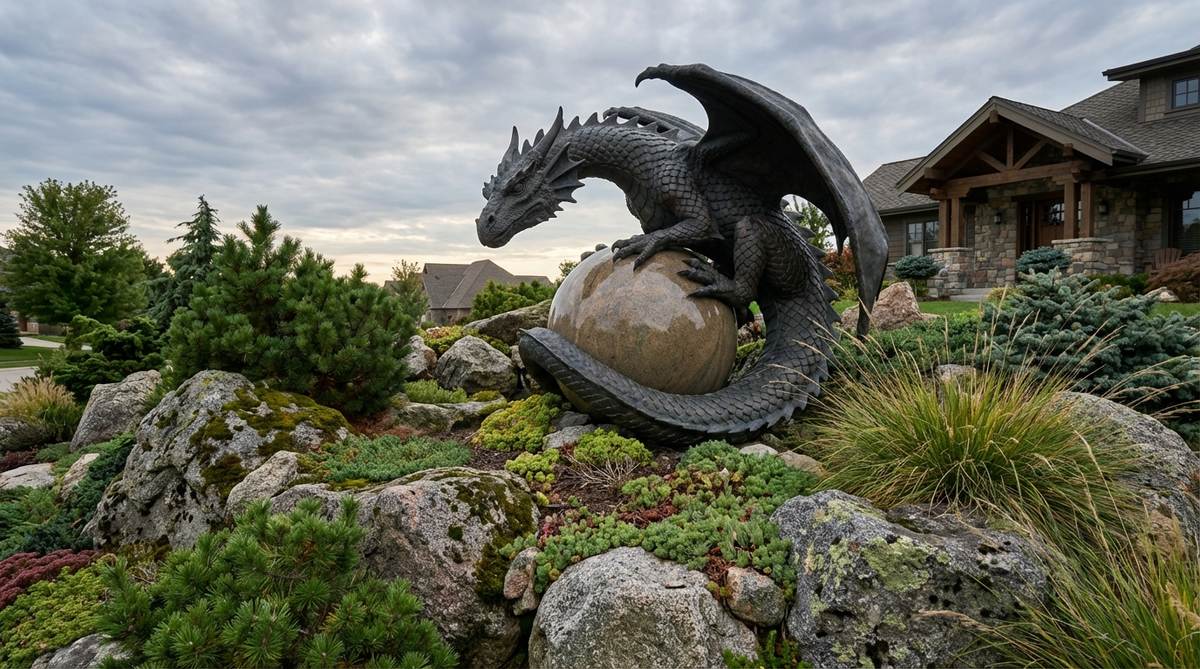 A fantasy dragon sculpture coiled protectively around a treasure sphere or egg, adding mythological drama to stone gardens. Ideal for rocky outcroppings or cave-like settings, with dramatic silhouettes against sky or architectural backgrounds. Features fierce expressions and scaled textures that contrast with soft planting textures.
