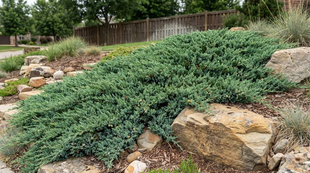 A dense, low-growing evergreen shrub with blue-green foliage, forming a mat up to 12 inches tall and spreading 5-8 feet wide. Ideal for groundcover in slopes, rock gardens, and low-maintenance areas, featuring prickly texture and excellent cold and drought tolerance.