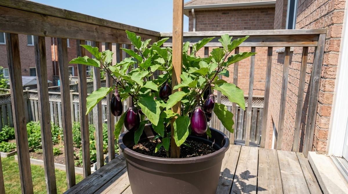 A compact eggplant plant growing in a 5-gallon container on a sunny balcony, showing glossy purple fruits developing on the staked plant with lush green foliage.