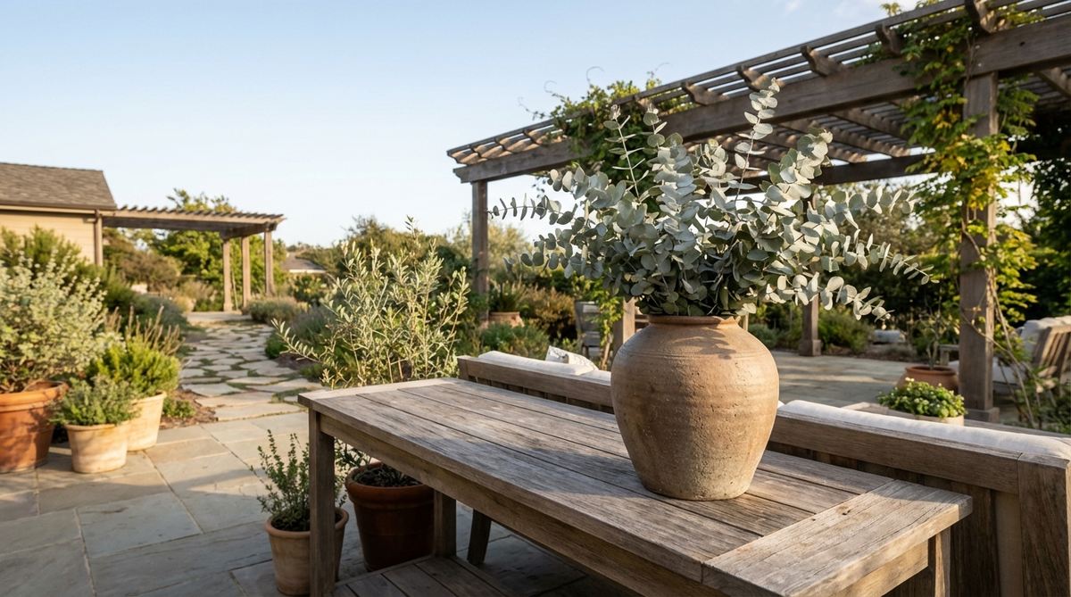 Preserved eucalyptus branches with silvery-green leaves arranged in a tall ceramic vase on a console table. This earthy boho decor element adds natural texture and aromatic properties to interior spaces, bridging the gap between living plants and neutral color palettes.