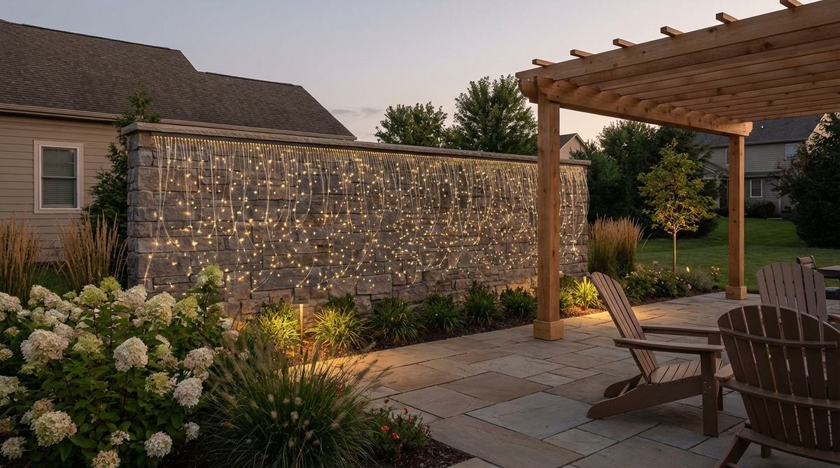 A fiber optic star wall display with hundreds of tiny fiber strands creating a starfield effect on an outdoor wall, powered by a single light source for magical and educational decor.