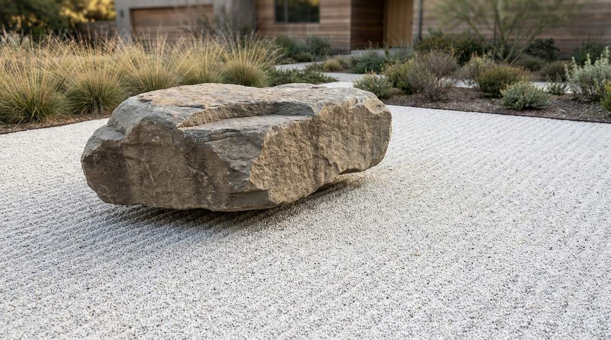 A broad, flat boulder set in a sea of fine white gravel with minimal burial, creating a floating appearance. The stone features a distinctly horizontal plane, surrounded by perfectly straight parallel raked lines in the gravel to enhance the levitation illusion. Positioned off-center for dynamic tension, this contemporary composition plays with perception and weightlessness, offering optical interest through the contrast between solid mass and linear pattern.