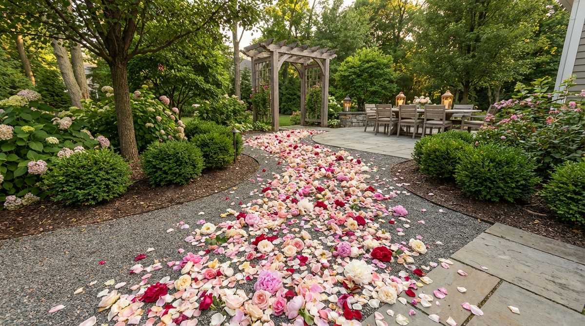 A decorative pathway created by scattering fresh rose and peony petals along walkways for outdoor party decor, adding romantic elegance to wedding receptions and anniversary celebrations with biodegradable temporary decoration.