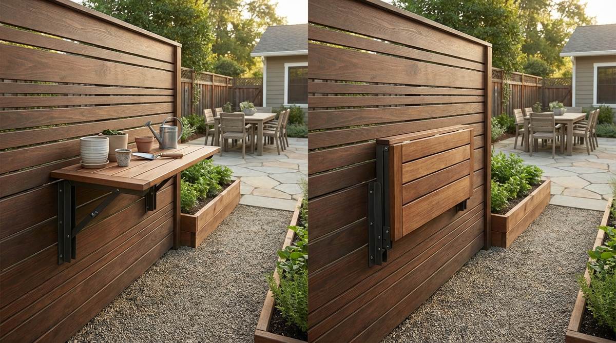 A modern fold-down table attachment mounted on a contemporary garden fence, showing the hinged platform in both folded-down position as a functional work surface and folded-up position to save space. The design features weatherproof coatings and secure locking brackets for stability during use, ideal for outdoor dining areas or gardening potting stations.
