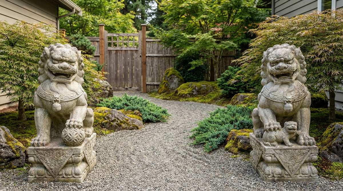 A pair of traditional foo dog or lion-dog statues guarding a zen garden entrance, symbolizing protection and warding off negative energy. One holds a ball representing unity, the other a cub for protection, positioned to establish boundaries and add dynamic energy to the garden.