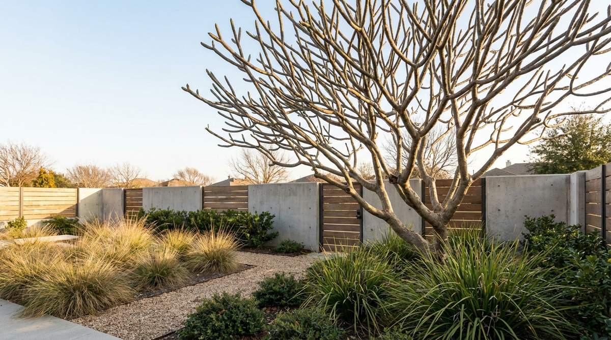 Plumeria tree with thick, smooth-barked branches creating architectural silhouettes against a contemporary garden backdrop. The sculptural form is emphasized during winter months when deciduous, while fragrant summer flowers add seasonal appeal. Perfect for modern gardens with full sun exposure.