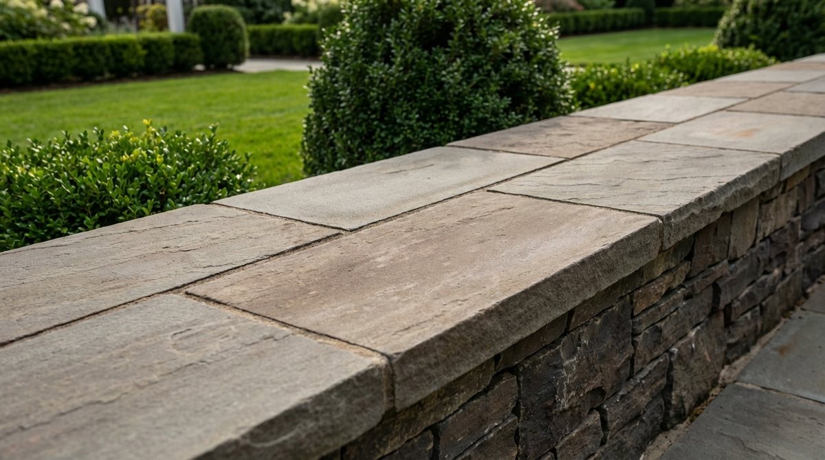 A close-up image of fully dressed flagstone caps, showcasing square or rectangular-cut capstones with clean edges and uniform thickness. The stones are arranged in a precise pattern, such as running bond or basket weave, highlighting their formal aesthetic and intentional design. The flat upper surface provides a seating edge and seals the wall top to prevent water infiltration, making it ideal for formal gardens and estate landscapes.