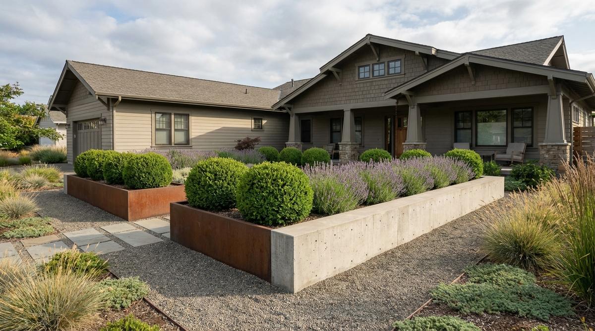 A modern geometric raised bed constructed with steel, concrete, or composite materials, featuring sharp edges and precise corners. It is filled with uniform plantings such as clipped boxwood spheres or lavender rows, adding dimension and improving drainage in a small front garden. The design emphasizes contemporary sensibility and intentionality, with materials that age gracefully and require minimal upkeep.