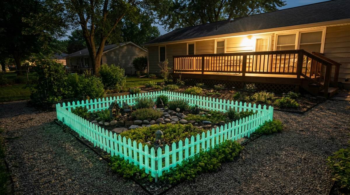 A mini garden fence painted with glow-in-the-dark paint or made from phosphorescent materials, emitting a soft green or blue glow at night. Ideal for children's rooms or fairy garden themes, providing gentle illumination without electrical lighting.