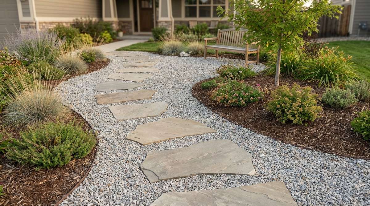 A dynamic garden pathway featuring large steppingstones set in a gravel field, offering excellent drainage and contemporary appeal. The contrast between solid stones and loose gravel adds textural interest, with stones spaced at comfortable stride intervals of 18-24 inches. This cost-effective combination provides design flexibility and easy modification for front yard layouts.