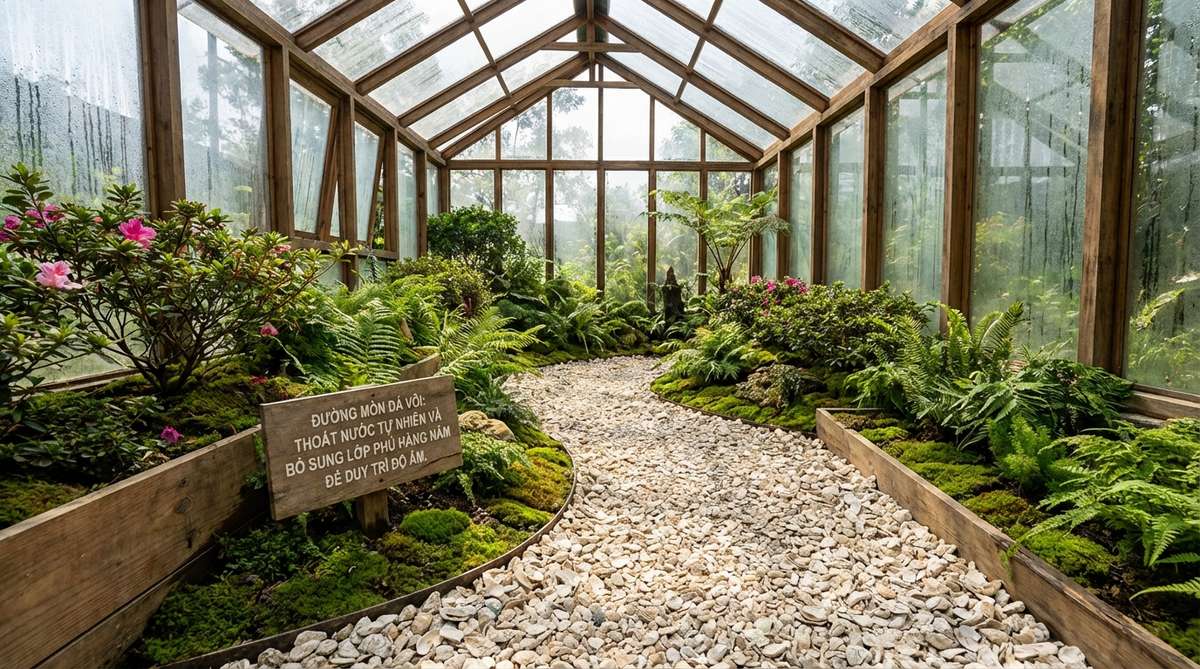 A gravel garden path inside a greenhouse or cold frame, featuring ½-inch crushed limestone or oyster shell for improved drainage and light reflection. The permeable surface helps regulate moisture, with top-dressing recommended annually to maintain height and benefit acid-loving crops.