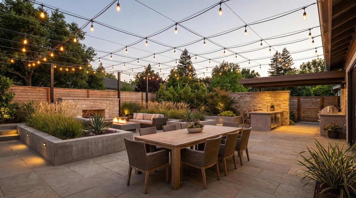 A geometric grid pattern created by precisely arranged string lights over an outdoor patio or dining area, showcasing modern garden decor with architectural lighting design using commercial bistro bulbs spaced 18-24 inches apart.