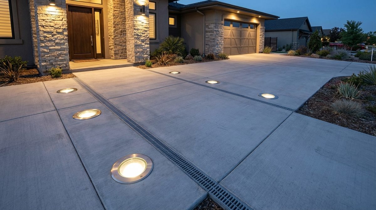 A modern garden lighting setup featuring heavy-duty drive-over uplights installed in a concrete driveway. The reinforced fixtures with tempered glass lenses are shown illuminating the architectural features of a building entry and garage elevation, demonstrating their ability to withstand vehicular loads exceeding 5,000 pounds. The installation includes proper drainage channels and concrete pads extending beyond the housing perimeter for optimal load distribution.