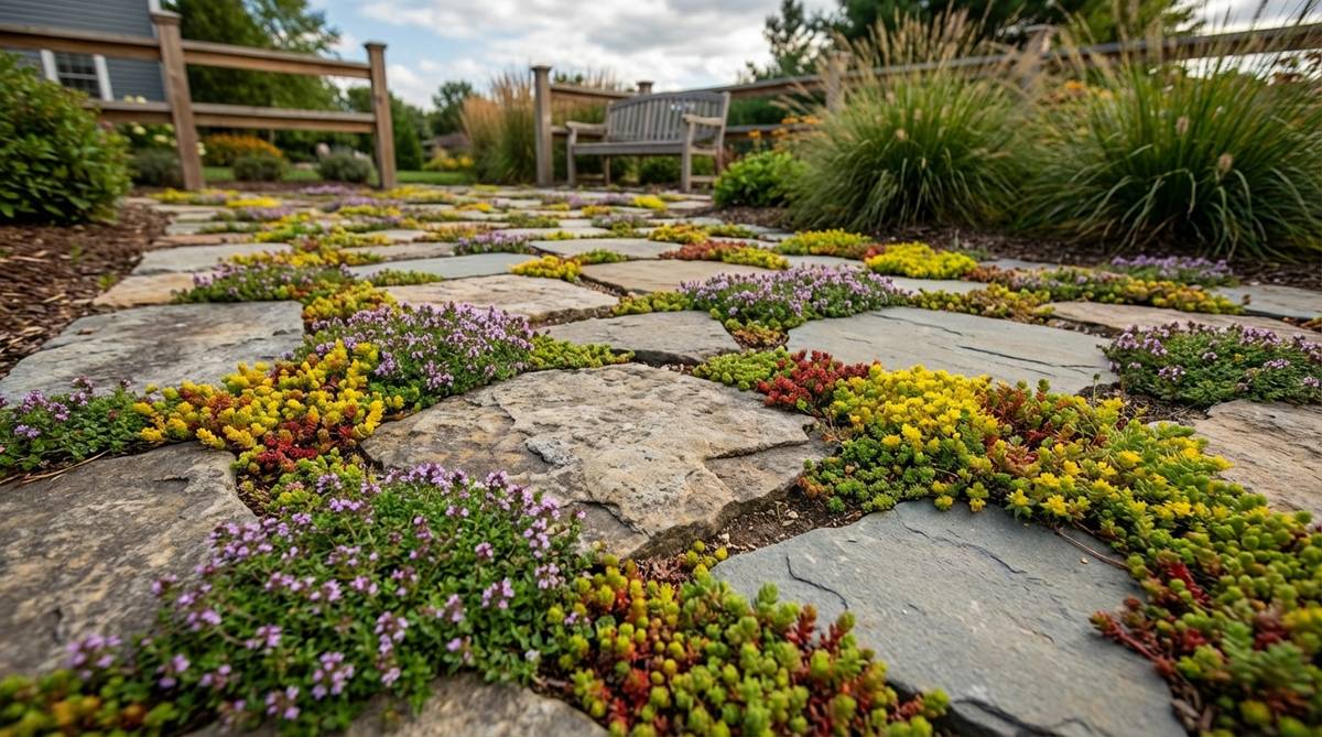 A close-up view of a stone garden mosaic with intentional planting gaps filled with low-growing herbs and groundcovers like creeping thyme and sedum, softening the rigid stone patterns and adding fragrance, color variation, and ecological function to the design.