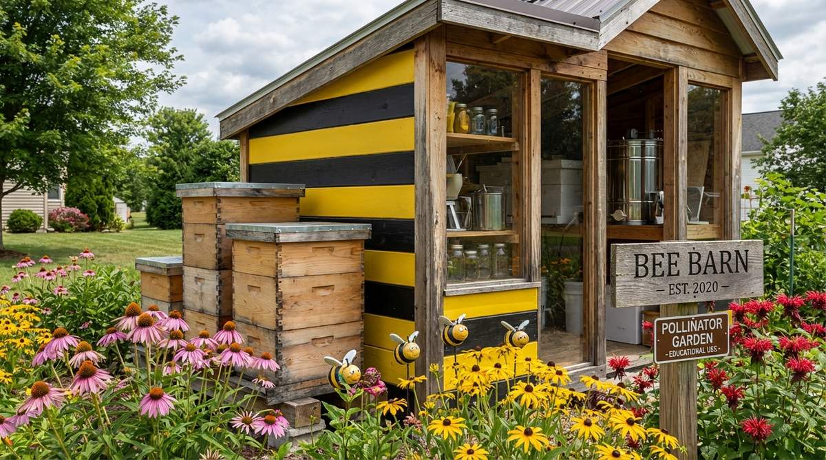 A miniature beekeeping shed with yellow-and-black striped paint, featuring stacked beehive boxes, windows showing honey extraction equipment, and bee figurines near flowers. Used in pollinator gardens and educational settings.